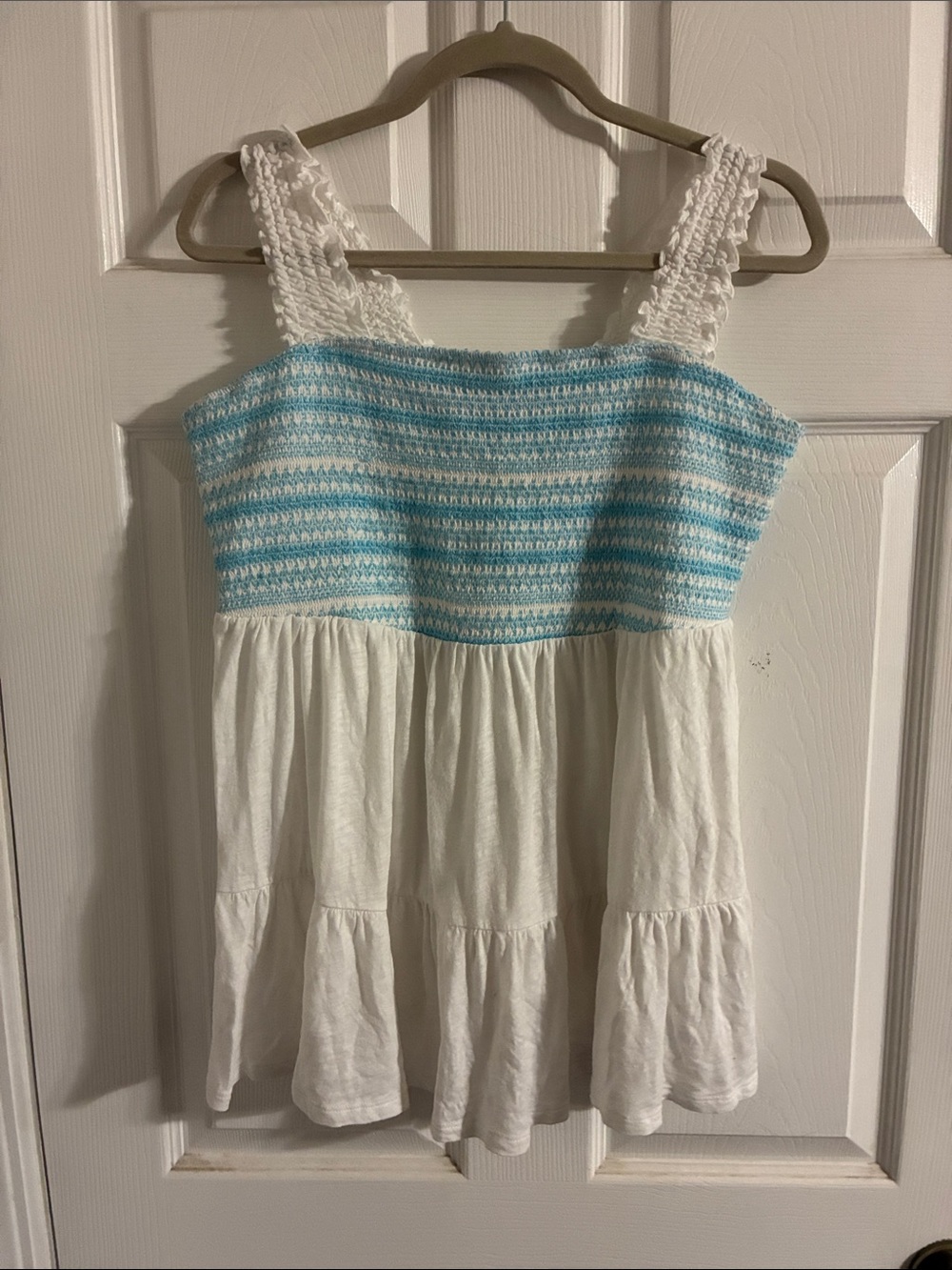 torrid White and Light Blue Smocked Tiered top